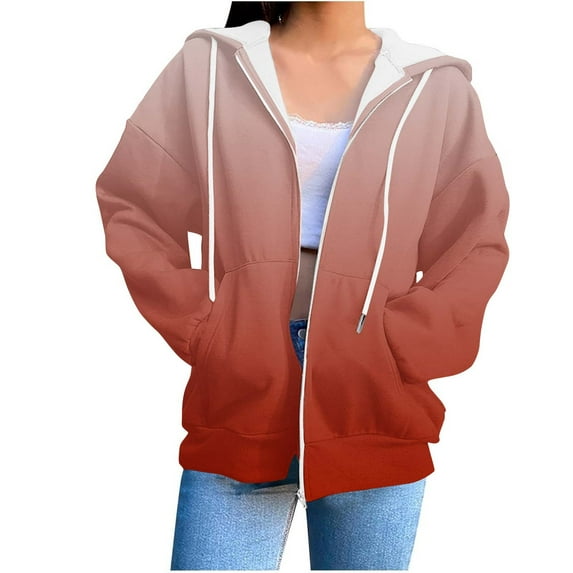 Fmbrln Womens Trendy Full Zip Up Hoodies Long Sleeve Gradient Print Hooded Swatshirts Casual Loose Sweatshirts Coat Red M