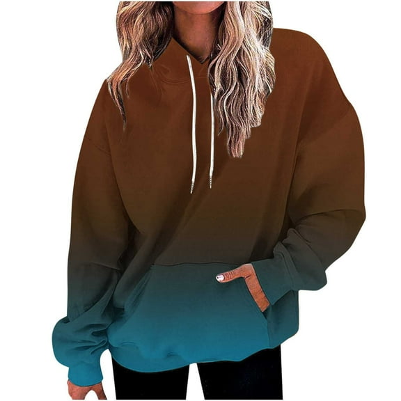 Fmbrln Womens Trendy Hooded Sweatshirts Fashion Long Sleeve Pullover Tops Casual Loose Gradient Print Blouse Comfy Fall Hoodie with Pockets Brown 2XL