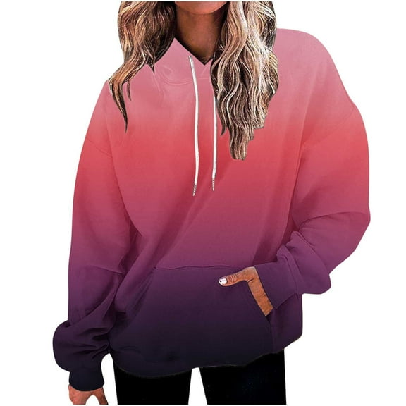 Fmbrln Womens Trendy Hooded Sweatshirts Fashion Long Sleeve Pullover Tops Casual Loose Gradient Print Blouse Comfy Fall Hoodie with Pockets Pink M