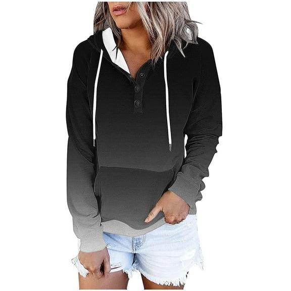 Fmbrln Womens Trendy Hoodies Casual Long Sleeve 1/4 Button Gradient Print Hooded Sweatshirts Tops Loose Comfy Pullover Sweatshirts with Pockets