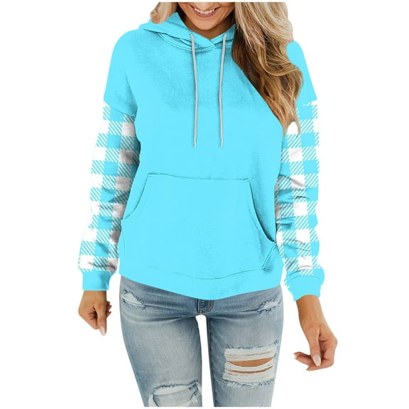 Fmbrln Womens Trendy Plaid Print Hoodies Casual Long Sleeve Hooded Sweatshirts Loose Comfy Pullover Tops with Pockets Light Blue S
