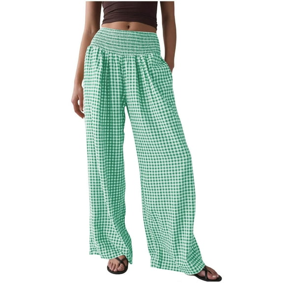 Fmbrln Womens Trendy Plaid Print Pants Fashion Elastic Waist Work Pants Wide Leg Pants Lounge Trousers Green M