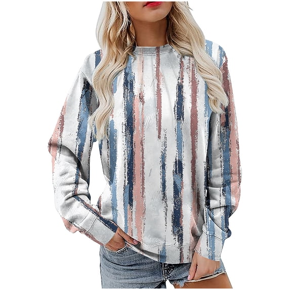 Fmbrln Womens Trendy Print Hoodless Sweatshirts Casual Long Sleeve Crew Neck Front Pleated Pullover Tops Loose Comfy Blouse White L