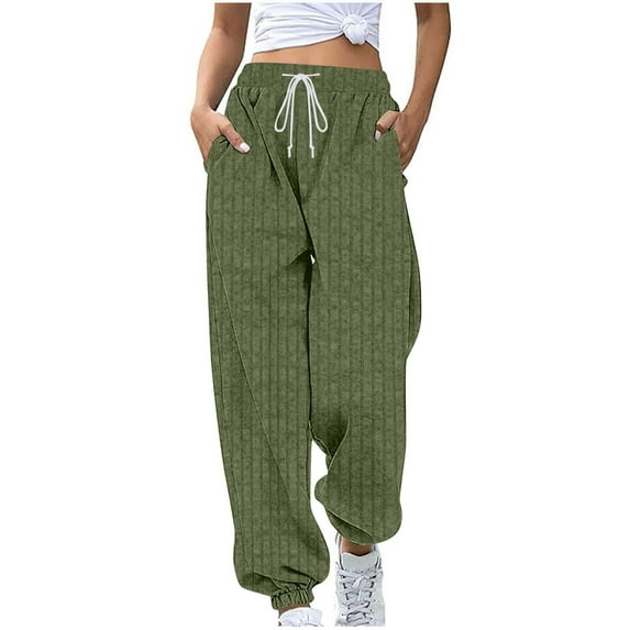 Fmbrln Womens Trendy Ribbed Knitted Sweatpants Drawstring Elastic Waist Joggers Pants Loose Comfy Athletic Pants with Pockets Army Green XL