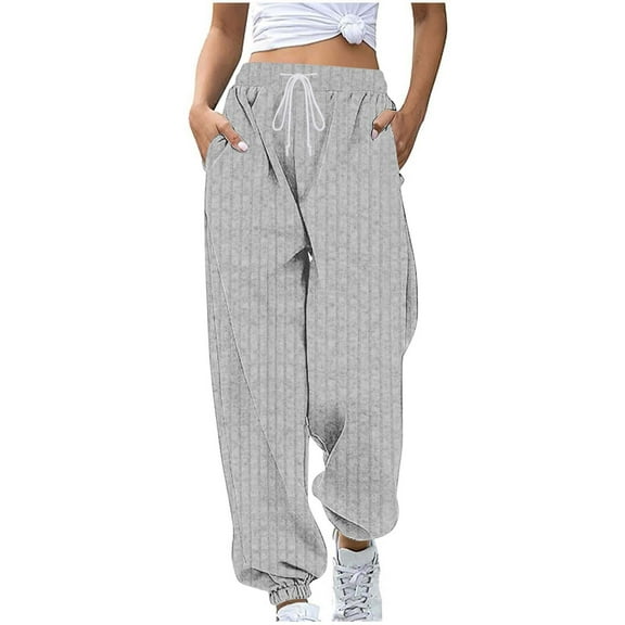 Fmbrln Womens Trendy Ribbed Knitted Sweatpants Drawstring Elastic Waist Joggers Pants Loose Comfy Athletic Pants with Pockets Gray 2XL