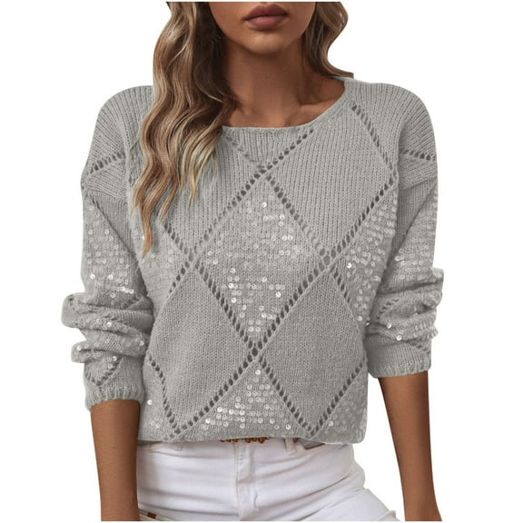 Fmbrln Womens Trendy Sequin Knitted Sweaters Long Sleeve Crew Neck Hollow Out Sweaters Tops Casual Dressy Blouse Loose Comfy Pullover Sweaters Gray S
