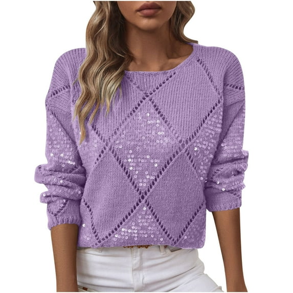 Fmbrln Womens Trendy Sequin Knitted Sweaters Long Sleeve Crew Neck Hollow Out Sweaters Tops Casual Dressy Blouse Loose Comfy Pullover Sweaters Purple L