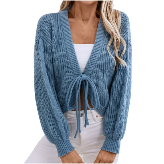 Fmbrln Womens Trendy Solid Knitted Cardigan Sweaters Casual Long Sleeve Tie Open Front Cardigans Fall Fashion Clothing Blue L