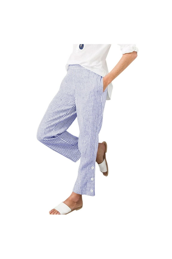 Womens Trendy Stripe Print Pants Fashion Elastic Waist Button Side Slit Work Pants Lounge Trousers Blue M