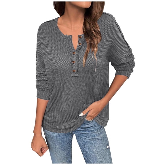 Fmbrln Womens Trendy V Neck Button Sweaters Long Sleeve Solid Color Pullover Tops Casual Loose Comfy Blouse Fall Winter Fashion Clothes Gray S