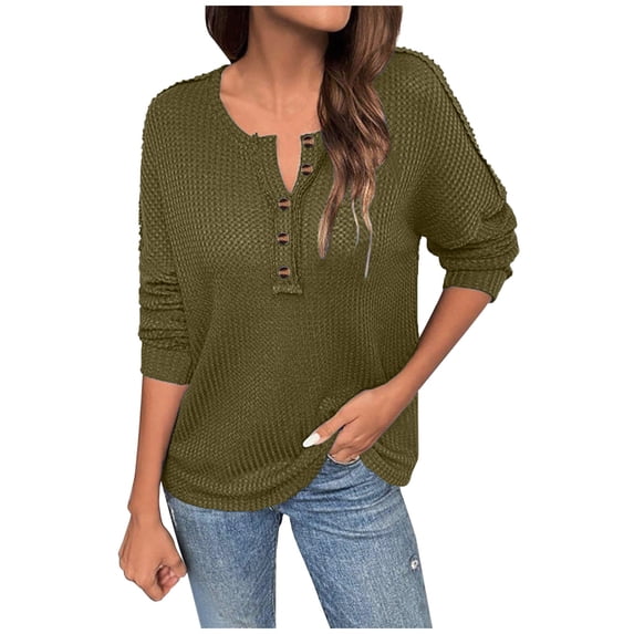 Fmbrln Womens Trendy V Neck Button Sweaters Long Sleeve Solid Color Pullover Tops Casual Loose Comfy Blouse Fall Winter Fashion Clothes Green L