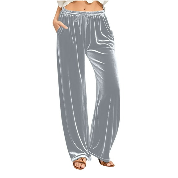 Fmbrln Womens Trendy Velvet Pants Casual Drawstring Elastic Waist Work Pants Loose Comfy Solid Straight Wide Leg Pants with Pockets Gray 2XL