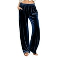 thumbnail image 1 of Fmbrln Womens Trendy Velvet Pants Casual Drawstring Elastic Waist Work Pants Loose Comfy Solid Straight Wide Leg Pants with Pockets Navy 2XL, 1 of 5