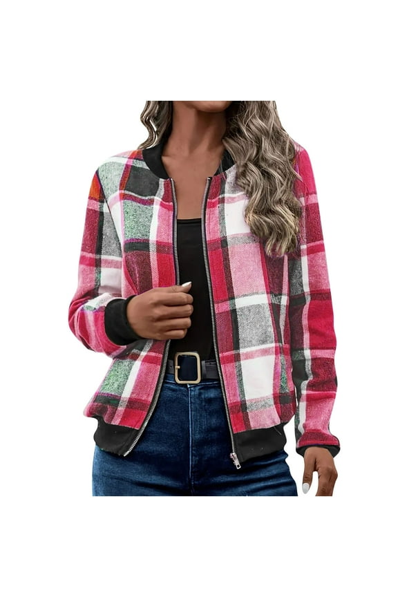 Womens Trendy Vintage Plaid Jackets Casual Dressy Jackets Full Zip Up Long Sleeve Open Front Cardigan Outwear Coat Hot Pink M