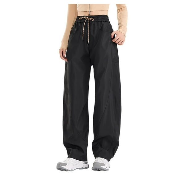 Fmbrln Womens Trendy Waterproof Pants Drawstring Elastic Waist Windproof Pants Lounge Outdoor Hiking Trousers with Pockets Black XL