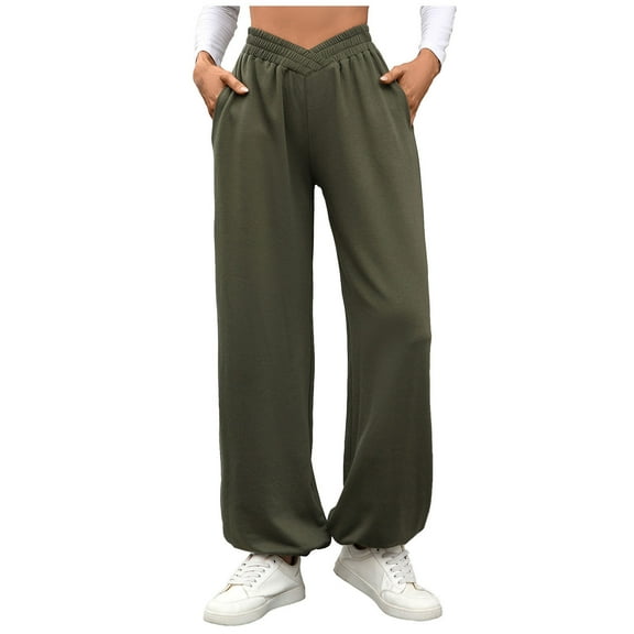 Fmbrln Womens Trendy Wide Leg Sweatpants Elastic High Waist Joggers Pants Casual Loose Solid Running Athletic Pants with Pockets Army Green L
