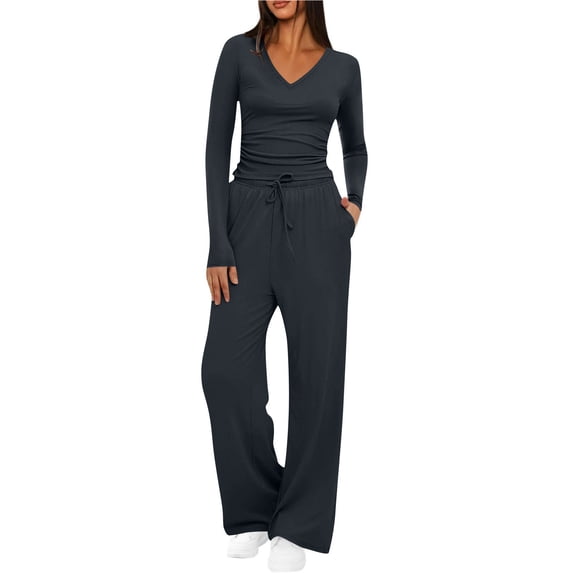 Fmbrln Womens Two Piece Sets V Neck Long Sleeve Tops + Elastic Waist Drawstring Long Pants Tracksuit Sets Comfy Casual Fall Outfits Navy XL