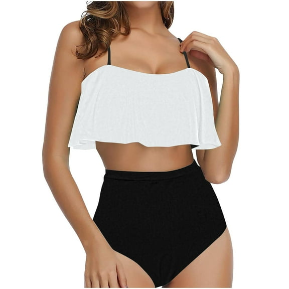 Fmbrln Womens Two Piece Swimsuit Sexy Ruffled Color Block swim Sets Adjustable Strap High Waisted Bathing Suit