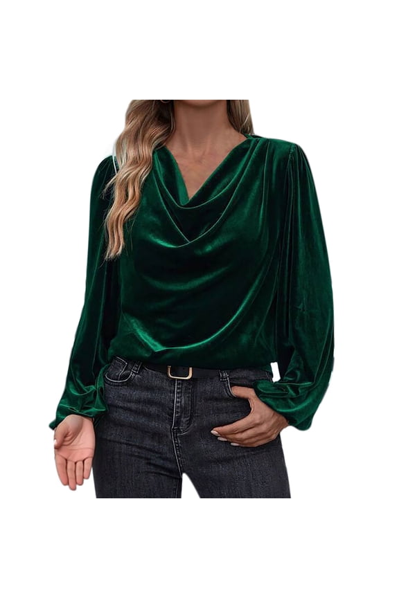 Womens Velvet Shirts Casual Dressy Party Shirts Tops Fashion Cowl Neck Drape Ruched Front Blouse