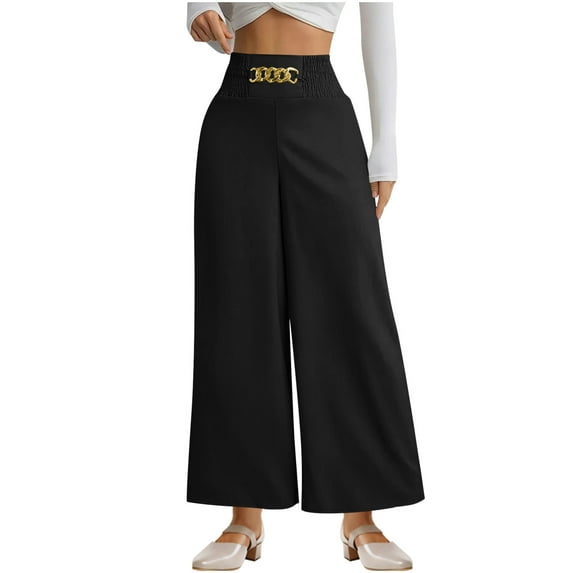 Fmbrln Womens Wide Leg Pants Casual Elastic High Waist Work Pants Loose Comfy Solid Color Pants Office Business Wide Leg Pants Black L