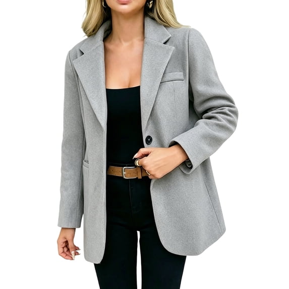 Fenkoxk Womens Winter Casual Long Sleeve Lapel Wool Coat Solid Color Button Open Front Blazer Jacket with Pockets