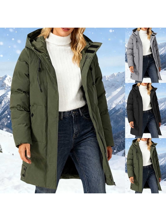 Womens Winter Mid Length Padded Parka Coat Drawstring Zip Snap Puffer Hooded Jacket Cold Weather Outerwear Army Green M