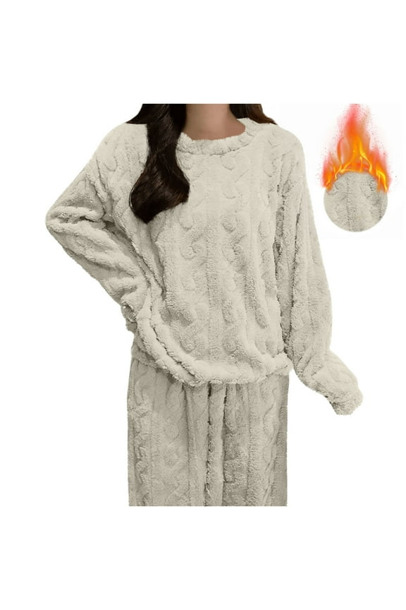 Womens Winter Pajamas Long Sleeve Crew Neck Pajamas Tops Thicken Fleece Warm Sleepwear Loose Comfy Soft Pajamas