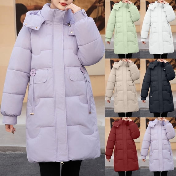 Fmbrln Womens Winter Puffer Hooded Jacket Zip Snap Wave Quilt Padded Outerwear Mid Length Warm Fashion Coat Green M