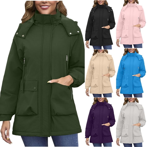 Fmbrln Womens Winter Zip Up Windproof Parka Jacket Long Sleeve Solid Color Rain Coat Mid Length Fleece Lined Outerwear with Detachable Hood and Pocket for Cold Weather