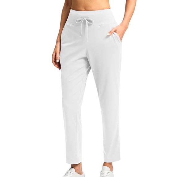 Fmbrln Womens Yoga Pants Casual Drawstring Stretchy Waist Work Pants Comfy Workout Athletic Pants with Pockets White L