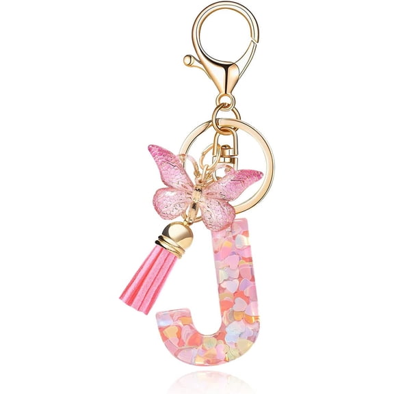 Fmeida Personalized Initial Keychain for Women, Cute Pink Letter Keyring with Tassel & Butterfly Charm