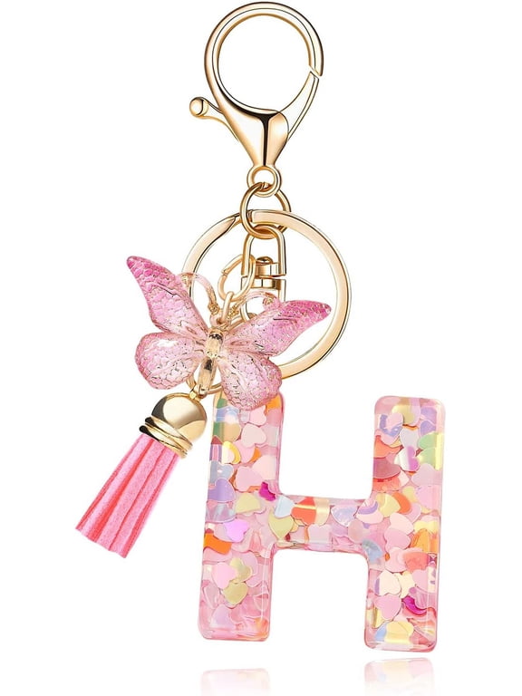Fmeida Personalized Initial Keychain for Women, Cute Pink Letter Keyring with Tassel & Butterfly Charm