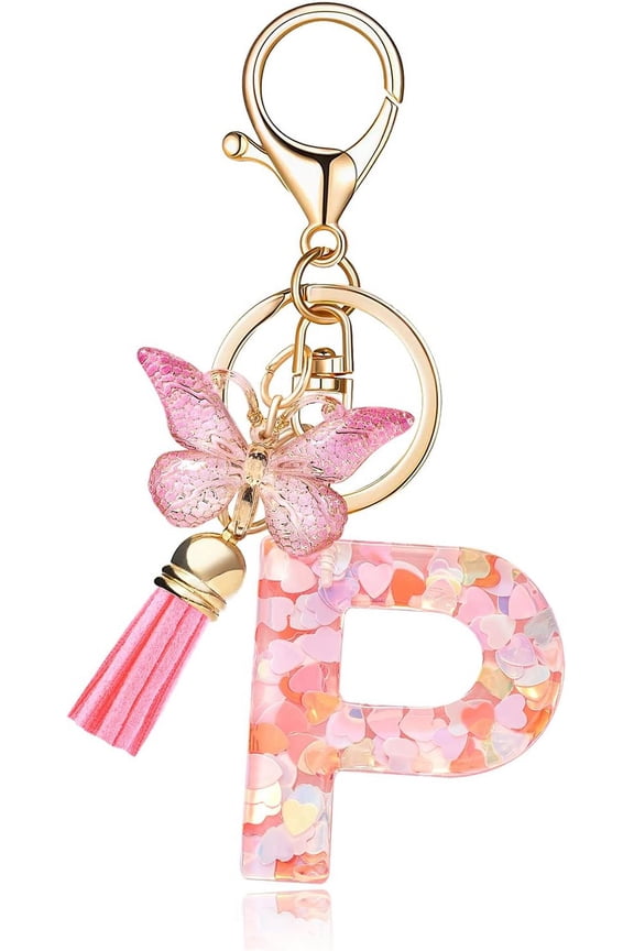 Fmeida Personalized Initial Keychain for Women, Cute Pink Letter Keyring with Tassel & Butterfly Charm