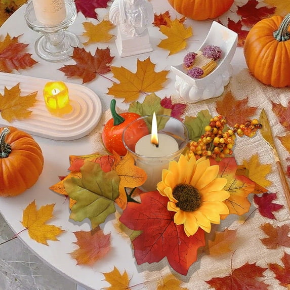 Fmlxio Candle Rings Wreaths, Green Wreath Faux Maple Leaf Wreath Thanksgiving Harvests Festival Autumns Color Pumpkin Berry Table Decoration Candlestick Wreaths