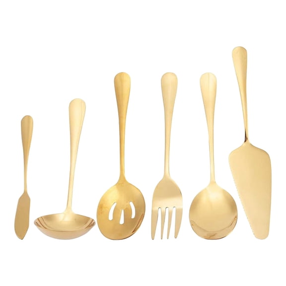 Fmnung 6 Piece Gold Stainless Steel Serving Flatware Set, Includes Cake Server Slotted Spoon Serving Spoon Cold Meat Fork Butter Knife Soup Ladle, Elegant Tableware for Weddings Parties