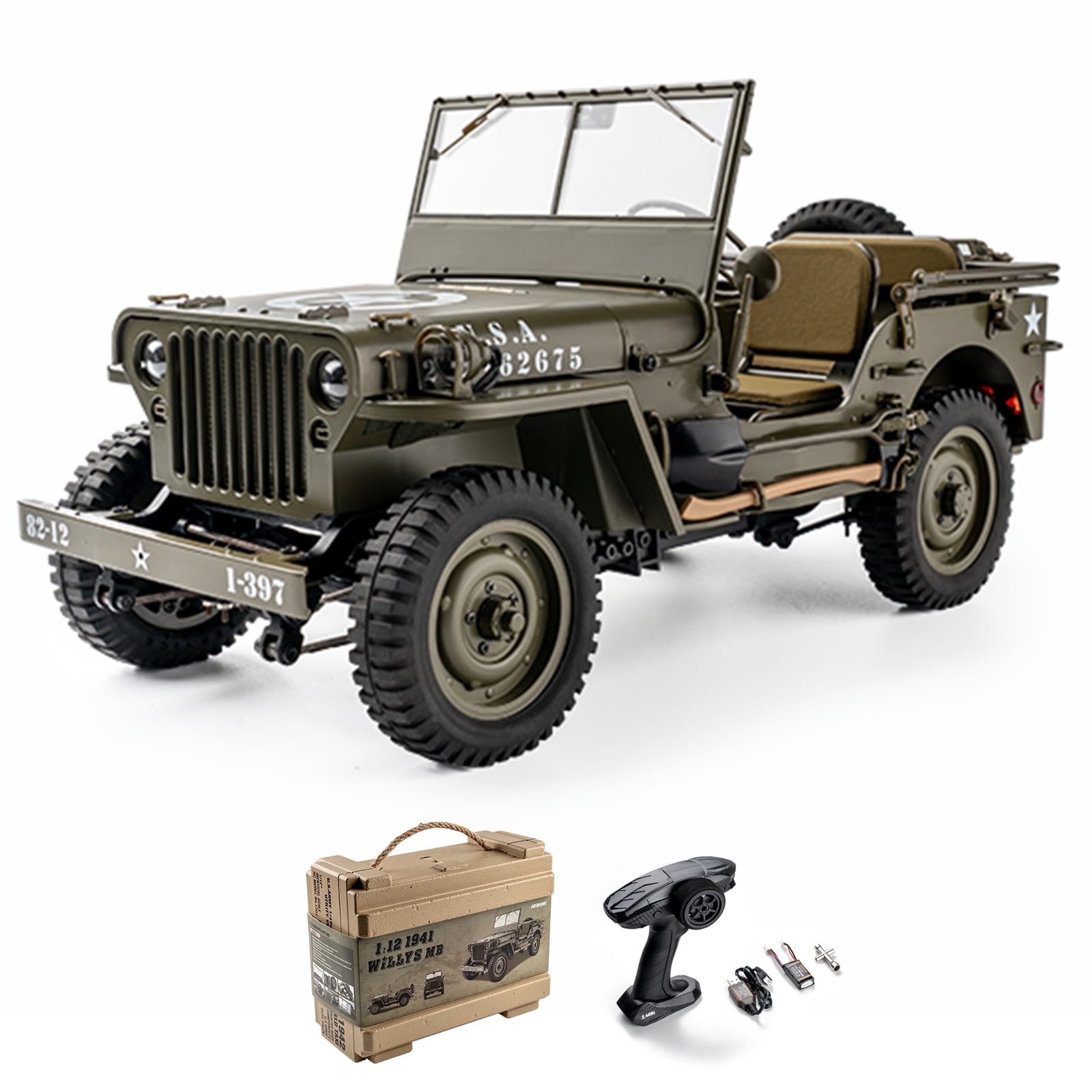 優れた品質 Fms with Truck Toy Army Metal Willys Jeep RC 1/12 戦車、軍用車両