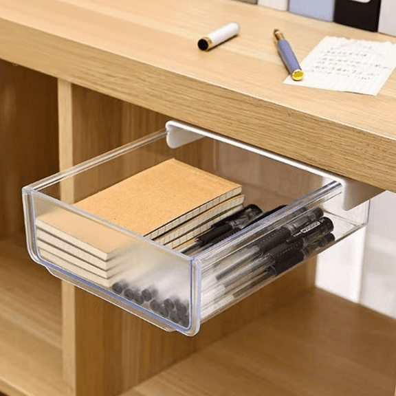 Fmxomd 1 Pack Under Desk Drawer Self-Adhesive Desktop Storage Organizer, Hidden Attachable Slide Out Desk Drawer, Under Table Tray for Pencil Pen Stationery Office Organization, White