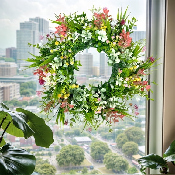 Fmxomd 14 Inch Artificial Spring Summer Greenery Wreaths for Front Door Green Eucalyptus Leaf Wreath Decor Boxwood with Wildflower for Farmhouse Outside Year Round