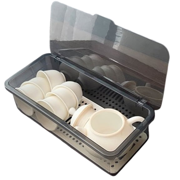 Fmxomd 1Pack Flatware Tray with Lid and Drainer, Large Plastic Silverware Utensils Kitchen Drawer Organizer Clear Cutlery Storage Container with Cover Dinnerware Holder Box for Home, Travel, Gray