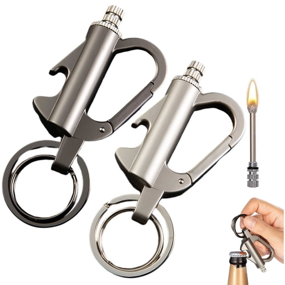 Fmxomd 2 Pack Match Keychain Lighter, Metal Infinity Lighters with Bottle Opener, Waterproof Match, Emergency Matchstick, Survival Flint Fire Starter (Black+Silver)