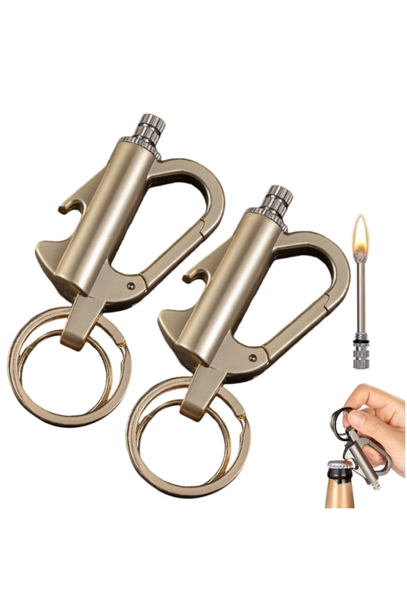 2 Pack Match Keychain Lighter, Metal Infinity Lighters with Bottle Opener, Waterproof Match, Emergency Matchstick, Survival Flint Fire Starter (Gold)