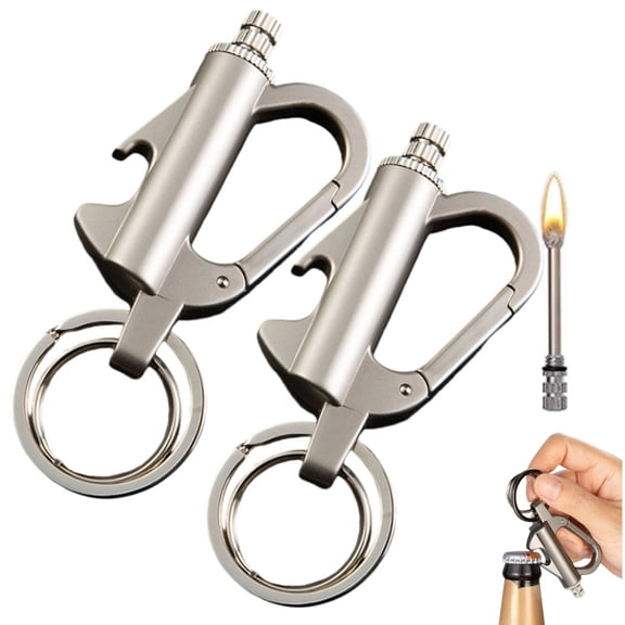 Fmxomd 2 Pack Match Keychain Lighter, Metal Infinity Lighters with Bottle Opener, Waterproof Match, Emergency Matchstick, Survival Flint Fire Starter (Silver)
