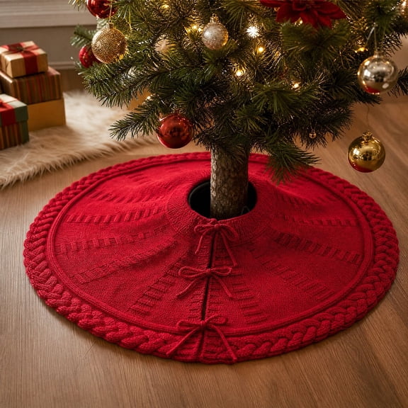 Fmxomd 24.41 Inch Red Christmas Tree Skirt, Tree Skirt for 3-4Ft Pencil Tree, Vintage Thick Tree Skirt for Christmas Trees Decoration, Xmas Home Indoor Farmhouse Decorations