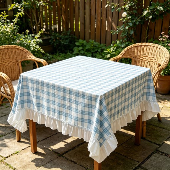 Fmxomd 24x24 Inch Blue White Plaid Ruffled Table Cloth Rectangle Polyester Gingham Trim Tablecloth Vintage Farmhouse CheckeBlue Table Cover for Home Weddings Picnic Holiday Party Decor