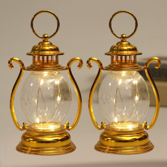 Fmxomd 2Pack Mini Lantern Decor 6.4 Inch Western Lantern Table Centerpiece Small Vintage Camping Hanging Lamp Ornaments for Cowboy Wedding Halloween Christmas (6.4", Gold)