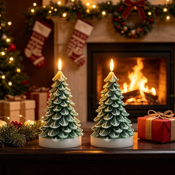 Fmxomd 2Pcs Christmas Tree Flameless Candles, 2PCS LED Candles Battery Operated,Real Wax Window Candlesticks with Flickering 3D Flame for Christmas Decoration