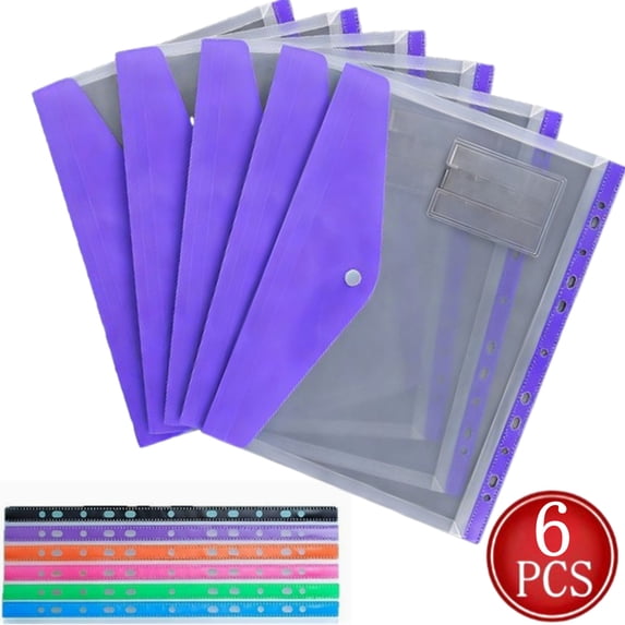 Fmxomd 6 Pack File Folders, 11 Ring Binder Folders with Pockets, Plastic Envelopes, Clear Folder for Documents with Label, 3 Ring Binder Pocket Organizer Letter Size A4 Size