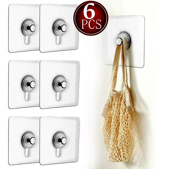 Fmxomd 6 Pcs Adhesive Picture Hooks 13lbs Max Load Heavy Duty Picture Hangers Without Nails Wall Hooks for Hanging 2.36" Transparent Waterproof Frame Hangers Sticky Hooks for Bathroom Kitchen