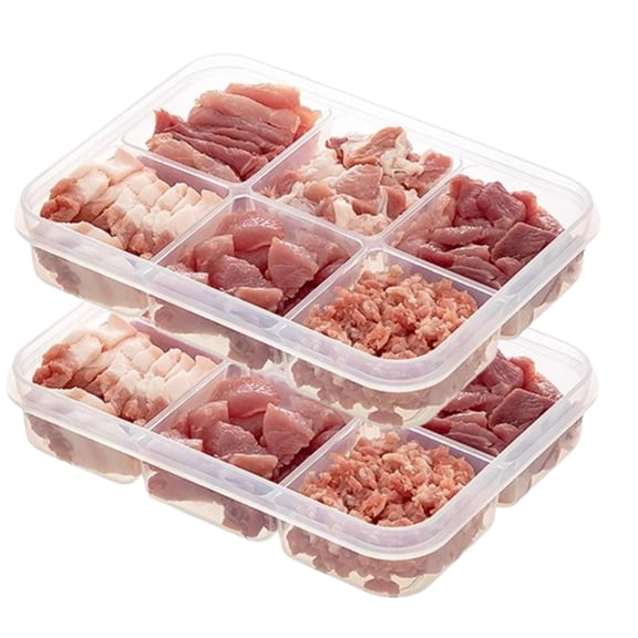 Fmxomd 6-Section Refrigerator Storage Containers with Lids - Clear Stackable Bins for Meat Produce Organization, BPA-Free Food Fresh Keeper, 2Pack