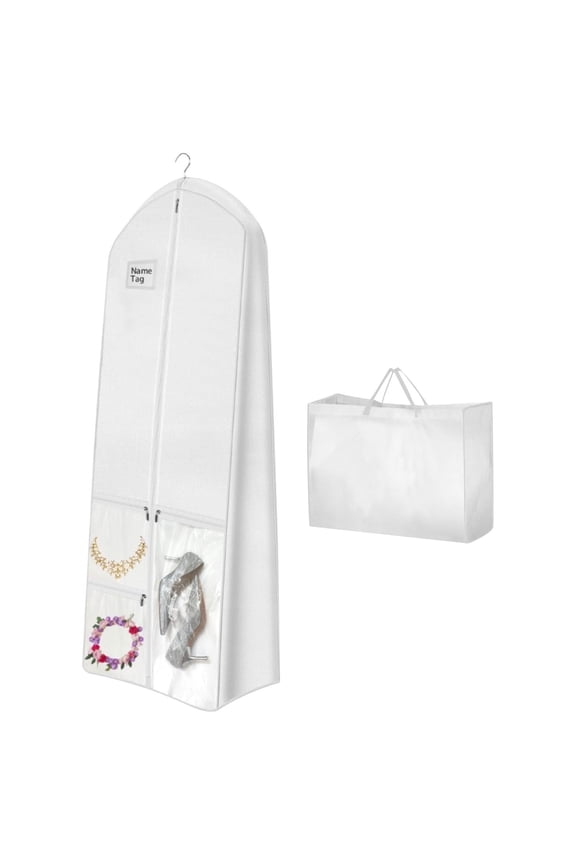 72" Wedding Dress Garment Bag with 10'' Gusseted Dress Bags for Gowns Long 4 Pockets Dress Cover for Women, White
